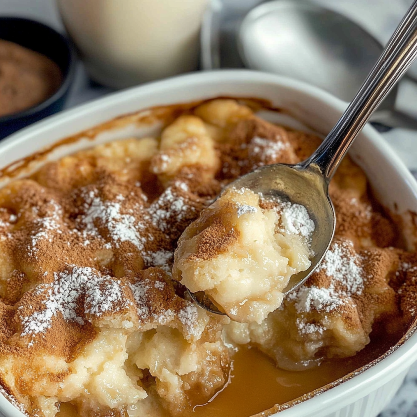 A warm, homemade Snickerdoodle Cobbler in a white ceramic dish, topped with a golden cinnamon-sugar crust and dusted with powdered sugar. A spoonful reveals its soft, gooey, caramelized center with a rich, buttery sauce pooling at the bottom.