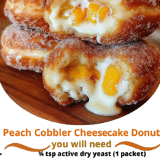 Classic Peach Cobbler Cheesecake Donuts – golden fried donut dough filled with creamy cheesecake and spiced peach cobbler topping, finished with a crunchy glaze.
