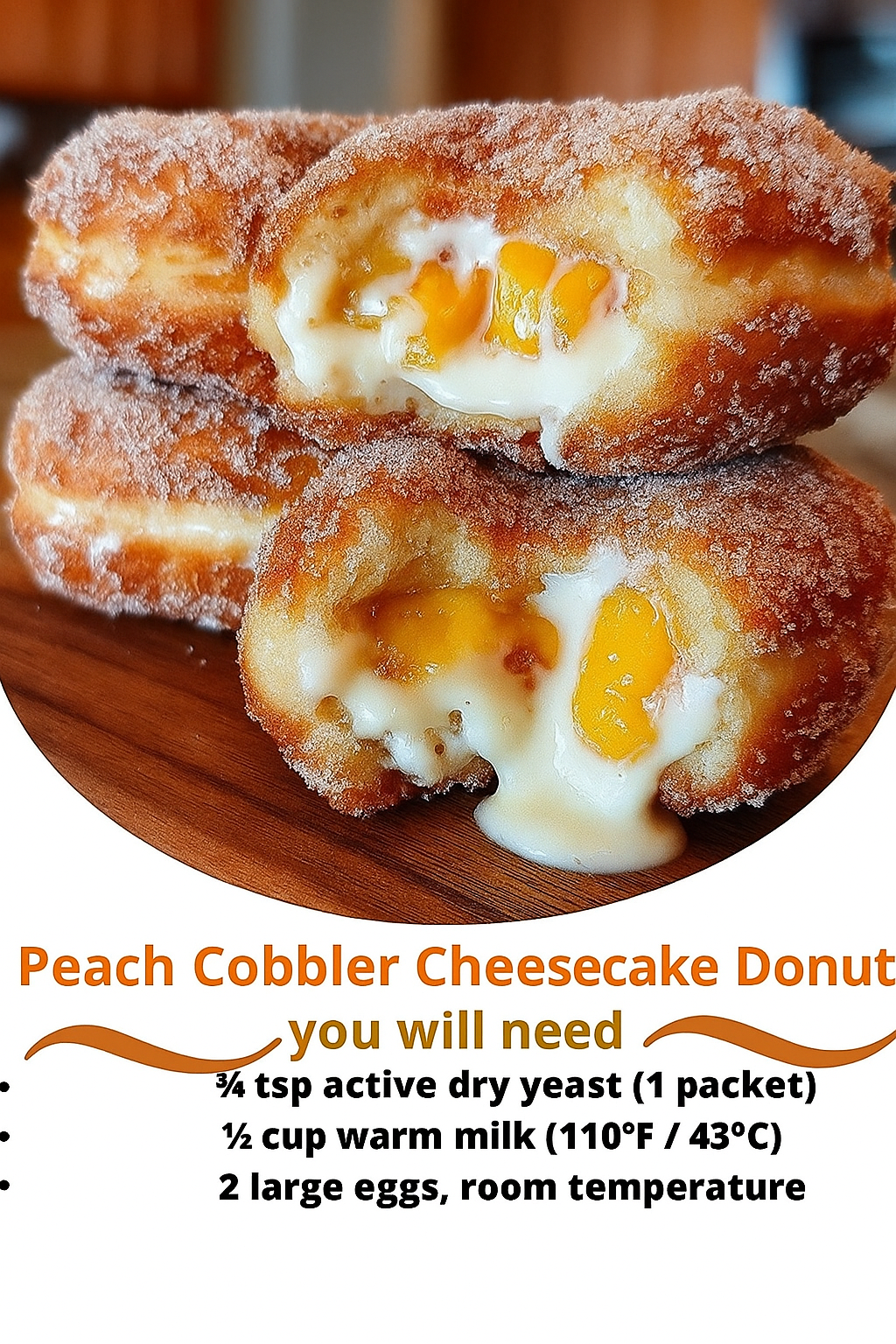Classic Peach Cobbler Cheesecake Donuts – golden fried donut dough filled with creamy cheesecake and spiced peach cobbler topping, finished with a crunchy glaze.
