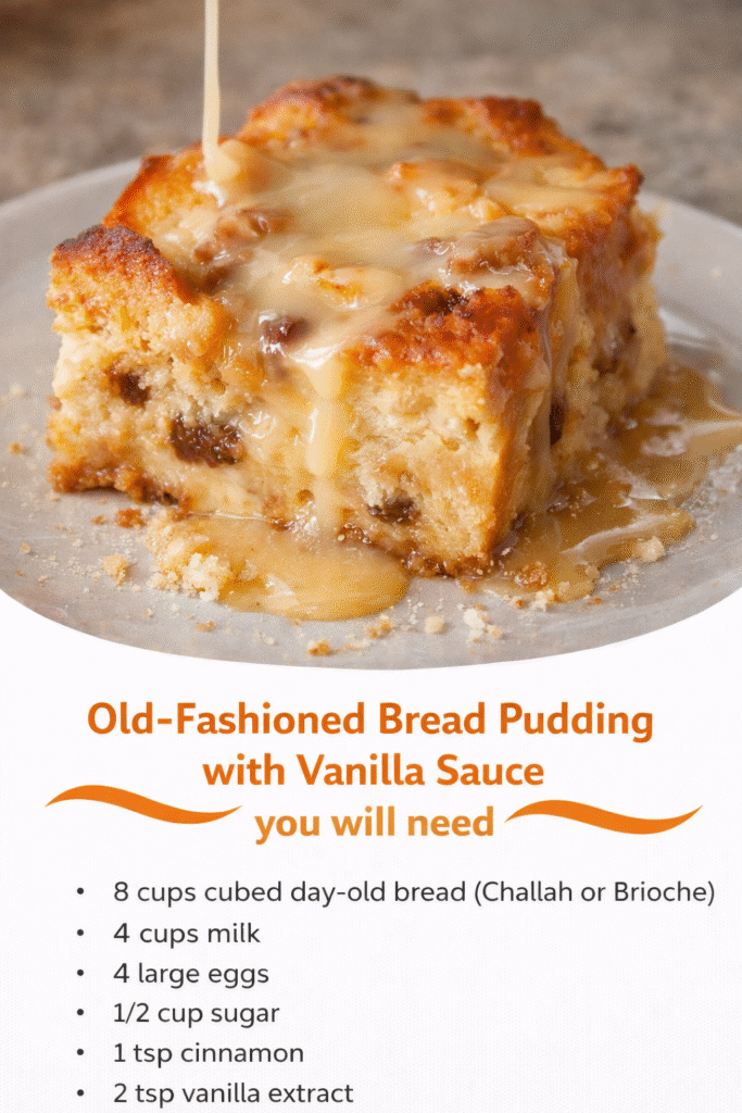 Old-Fashioned Bread Pudding with Vanilla Sauce